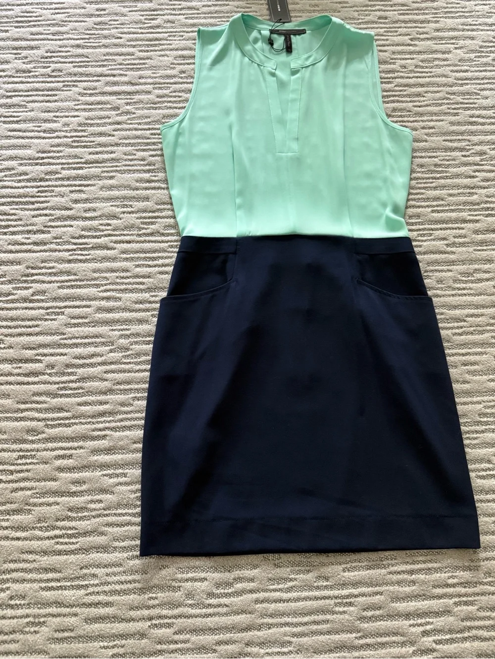BCBGMaxAzria Mint and Navy Sleeveless Colorblock Sheath Dress